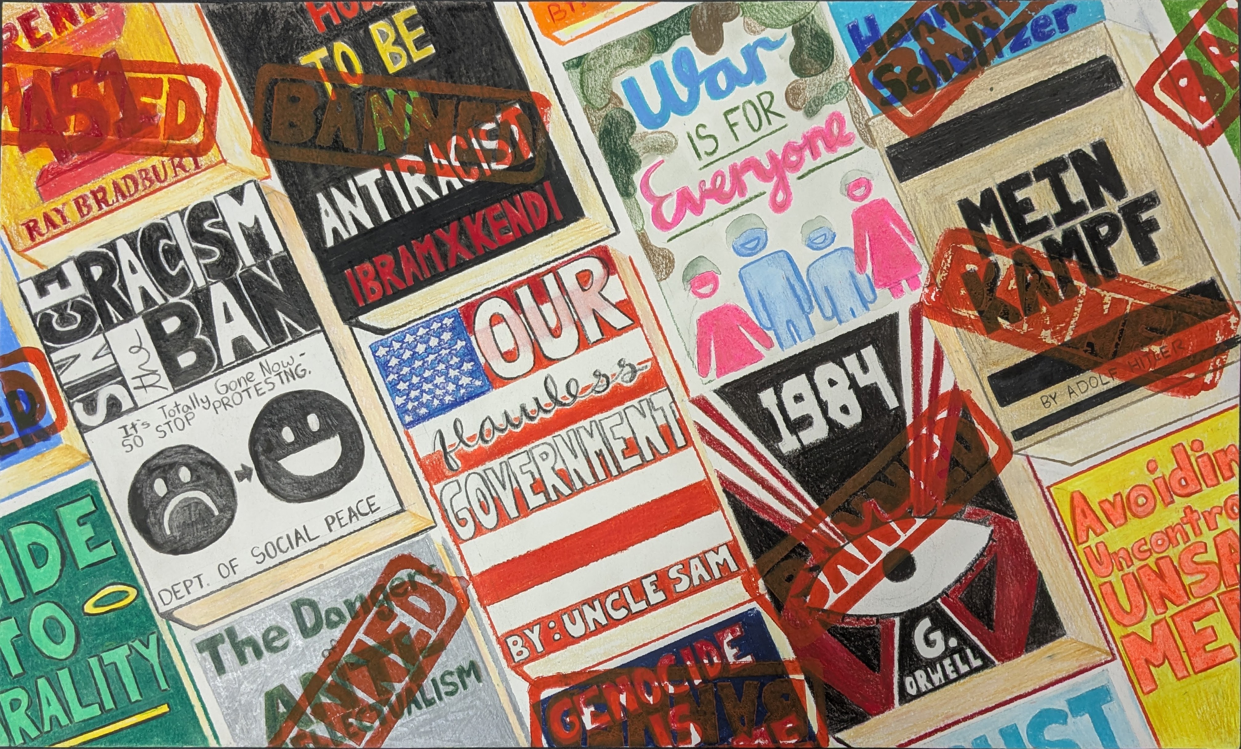 Various drawn books, some stamped with a banned marker, and others not.