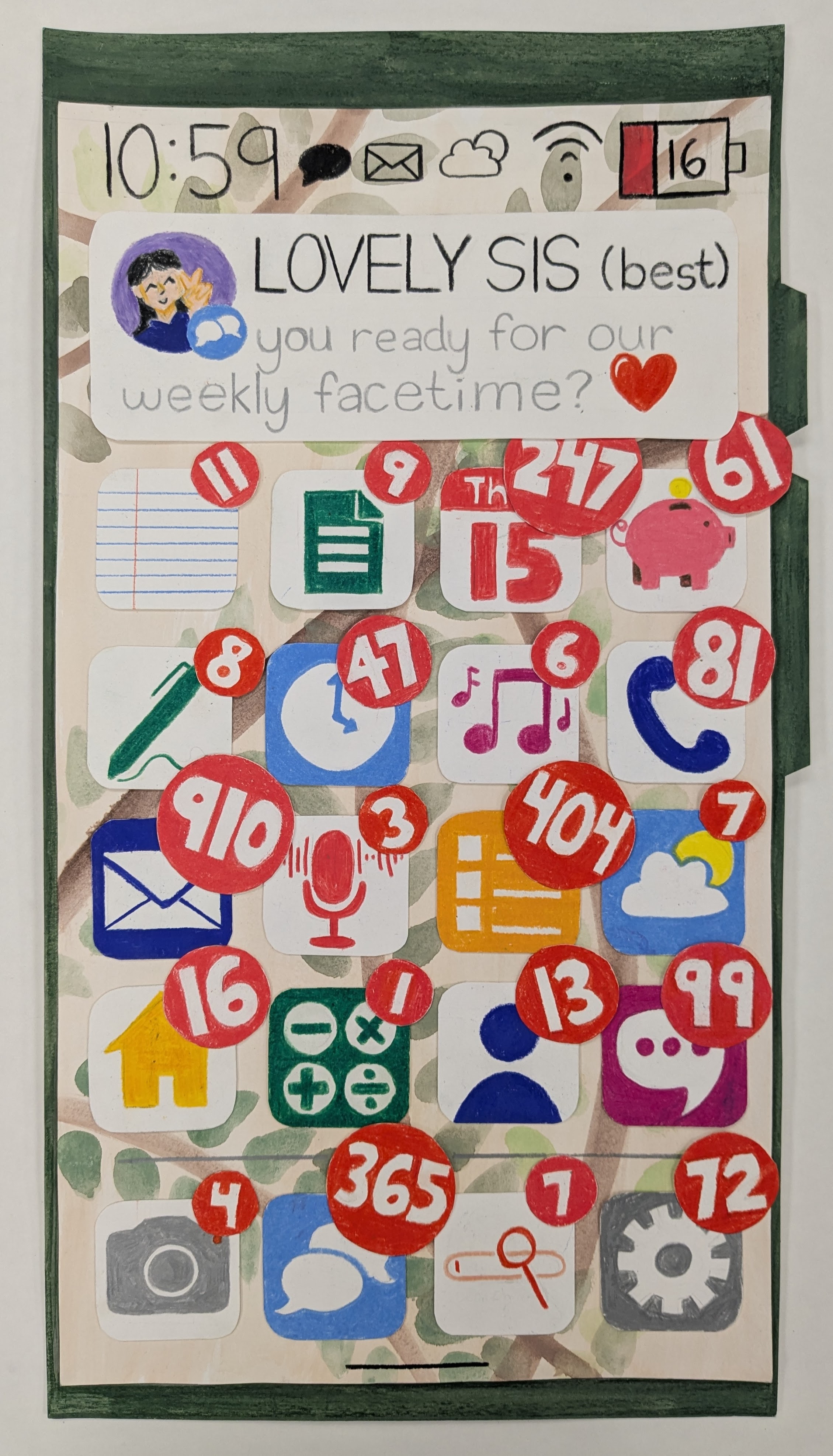 colored pencil artwork of a phone with lots of app notifications and a push notification that says 'ready for our wekly phone call?'.